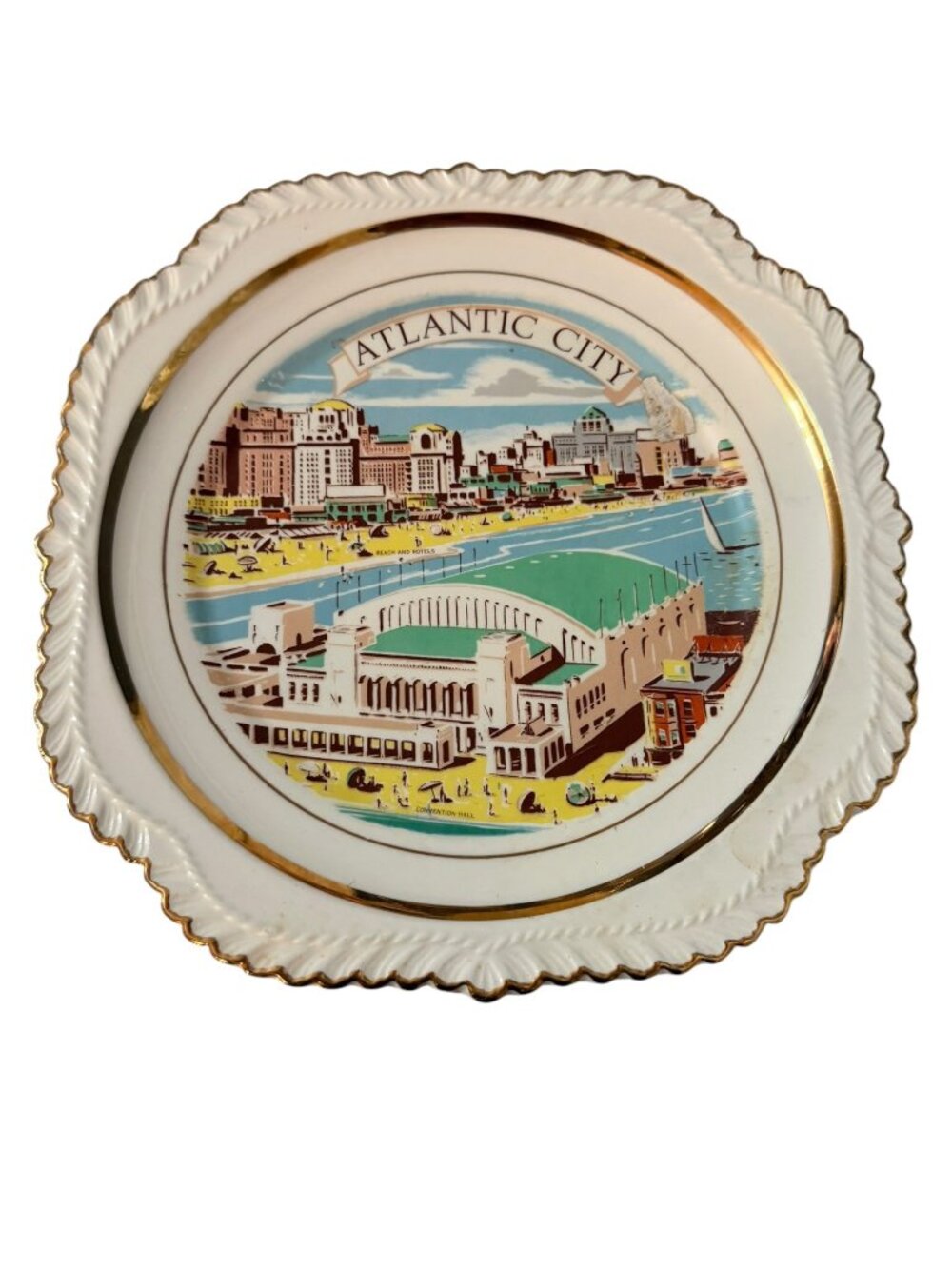 Vintage Atlantic City New Jersey Souvenir Decorative Plate 8 Inch Gold Trim Scal